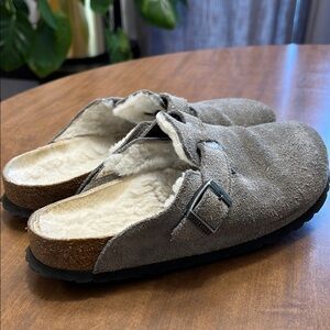 Birkenstock Gray Suede Boston Shearling Clogs Size 40